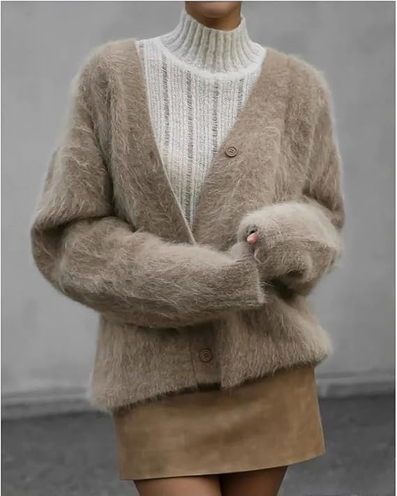 Image of Womens Fuzzy Sweaters Cardigan V-Neck Button Down Oversized Mohair Sweater Casual Y2k 2026 Fall Winter