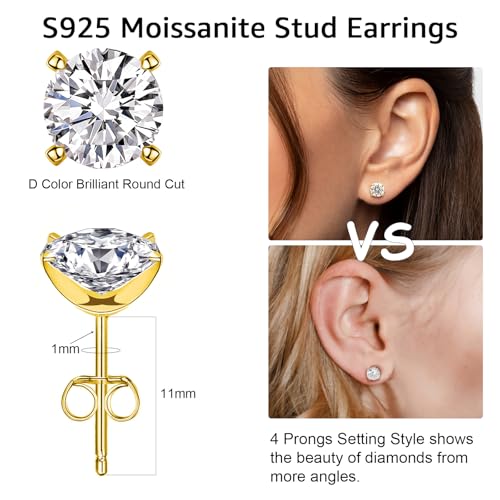 Moissanite Stud Earrings for Women, 0.5-2ct Lab Created Diamond Stud Earring,18K Gold/White Gold Plated S925 Sterling Silver Earrings, D Color VVS1 Round Brilliant Earrings Jewelry Gift4