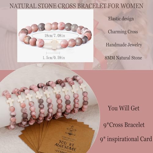 COLOYAN 9Pcs Cross Natural Stone Bracelets for Women, 8mm Stone Beaded Cross Bracelet for Mother Grandma Wife, with 9 Meaningful Card Inspirational2