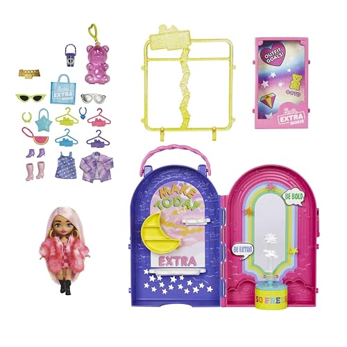 Barbie Extra Minis, Extra Mini Puppe und Boutique Spielset, Kleiderschrank mit Schränken, Regalen, Spiegeln, 360 Plattform… – Ansicht 5