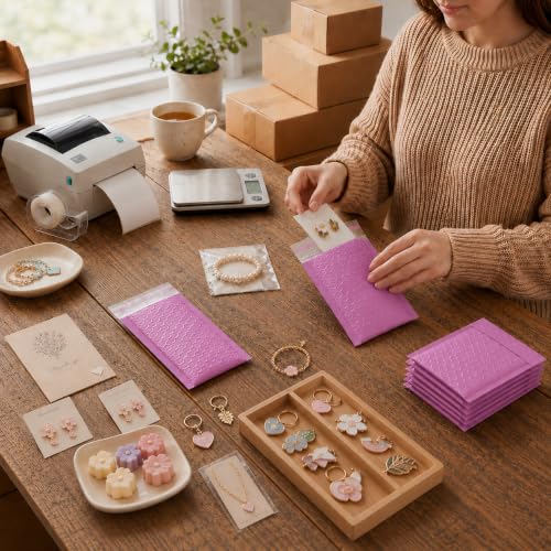 Image of Fuxury Bubble Mailers 4x8 inch Padded Envelopes 200 Pack Pinkish Purple | Usable Size 4x7 inch Padded Mailers Small Bubble Envelopes Self Seal Shipping Bags for Mailing Jewelry Makeup Small Business #000