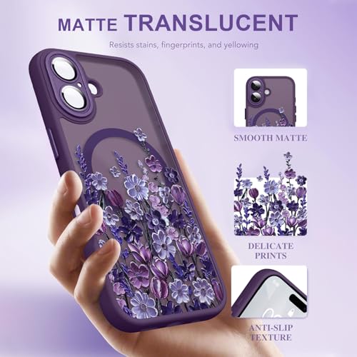 Image of Magnetic for iPhone 17 Case for Women Girls, Dark Purple Floral | Cute Oil Painting Flower Pattern Design [Compatible with MagSafe] [Full Camera Protection] Slim Bumper Matte Protective Cover