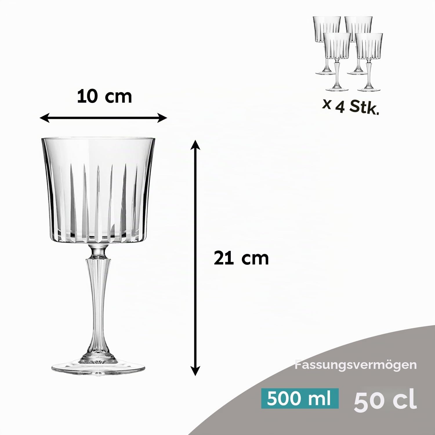 RCR Cristalleria Italiana RCR Set mit 4 Stielgläsern TIMELESS COCKTAIL, 100% Made in Italy, Fassungsvermögen 500 ml