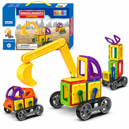 Image of 48 PCS Magnetic Building Blocks Construction Vehicle Set for Kids | Magnetic Tiles with Excavator, Crane, Trucks & Road Track | STEM Educational Toy for Boys & Girls Age 3+ Years