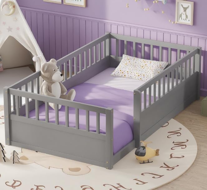 Bellemave Twin Size Floor Bed with high Rails for Kids, Girls, Boys, Wood Montessori Floor Bed Without Door, Gray
