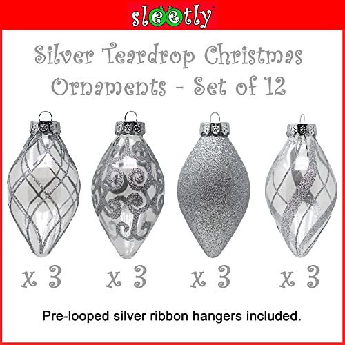 Sleetly Christmas Ball Tear Drop Finial Pendant Ornaments 2023 For Rustic Vintage Farmhouse Tree Decorations, 4 Inch Big Large Shatterproof, Silver #TOP2