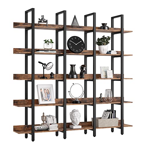 IRONCK Bookcase and Bookshelves Triple Wide 5 Tiers Large Open Shelves, Etagere Book Shelf with Back Fence for Home Office Decor, Easy Assembly, Vintage Brown