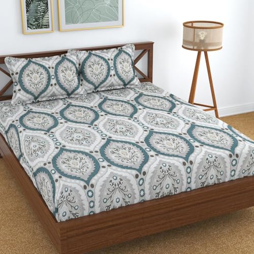 Image of KAWI Elastic Fitted Bedsheets (60 inchx78 inch) Queen Size Glace Cotton for Double Bed with All Around Elastic, 2 Large Pillow Cover, 200TC - Blue Color