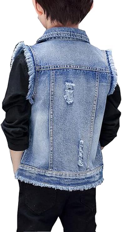 Boys Cowboy Single-Breasted Vest Jacket Child Denim Broken Hole Vest Sleeveless Jean Outerwear Jacket