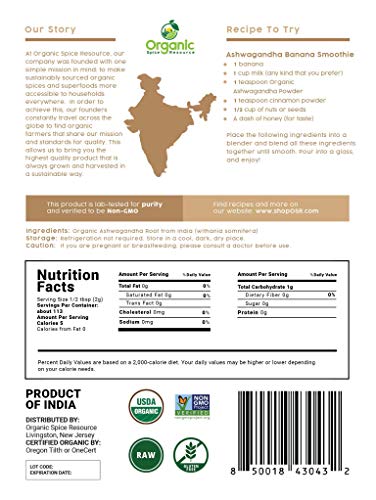 Organic Ashwagandha Root Powder -8 Ounce | Lab Tested for Purity | Resealable Kraft Bag,Non-GMO, Indian Ginseng, Withania Somnifera -100% Raw from India, by SHOPOSR (8 oz)