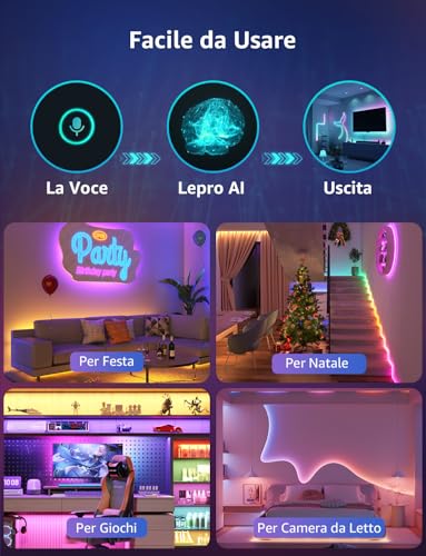 Lepro S1 AI Striscia LED 10M,Smart Striscia LED Interno Funziona con Alexa/Google Assistant,Wi-Fi e Bluetooth Strisce LED,MagicColor Luci LED Camera da Letto,Sincronizzazione Musicale per Gaming TV - Immagine 2