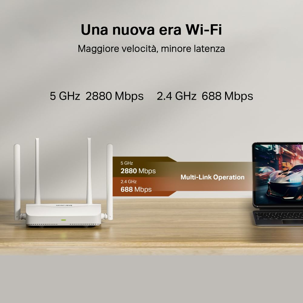 Mercusys TP-Link MR25WBE Router WiFi 7 BE3600Mbps Dual-Band, 4 Porte Gigabit, 4 Antenne Ad Alto Guadagno, Canali 160MHz, 4K-QAM, MLO, Sicurezza WPA3, Controllo da APP, non supporta xDSL