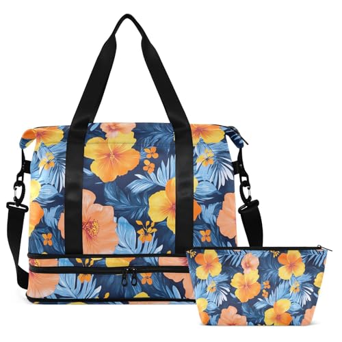 ALAZA Tropical Floral Blue Leaves Gym Bag Sports Duffel Bag with Shoes Compartment, Overnight Weekender Travel Tote Bag for Women Men Trip College2