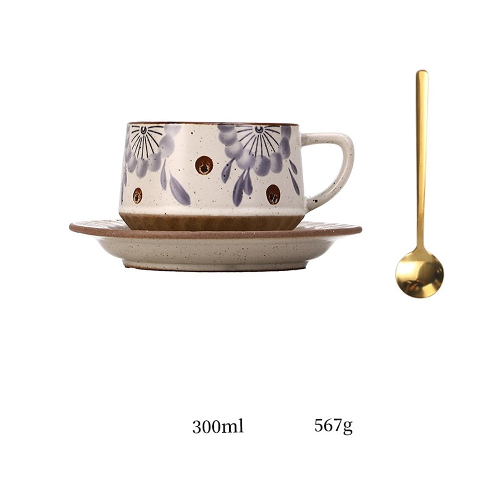 Taza de oficina Juego de taza café/té cerámica vintage con platillo y cuchara estampado limón, 300 ml