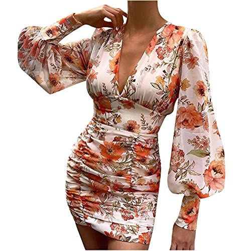 SHENYANGWA Wedding Guest Dresses for Women Sexy V Neck Long Sleeve Floral Print Zipper Pleated Mini Chiffon Dress Orange SHENYANGWA Wedding Guest Dresses for Women Sexy V Neck Long Sleeve Floral Print Zipper Pleated Mini Chiffon Dress Orange