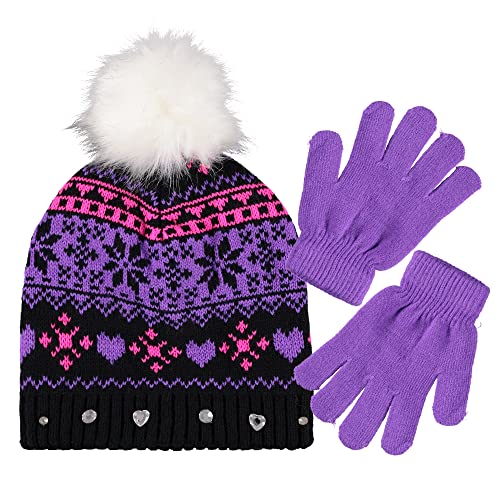 SWAK Girls Hat & Glove Sets-Kids Cold Weather Winter Accessories-Childrens pom pom Hat sets-Big Girls 2 Pc Beanie Sets
