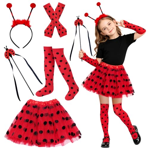 Ladybird Costume Girls Polka Dot Tutu + Arm Covers + Leg Warmers+Ladybird Headband+Magic Wand Lady Bug Costume Accessories for Party Performance Animal Costume Kids World Book Day Carnival Cosplay
