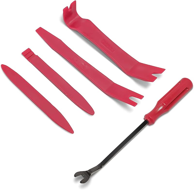 5PCS Auto Trim Removal Tool Kit, Car Interior Door Panel Clip Fastener Removal Set, No Scratch and No Marring Plastic Pry Tool Kit for Vehicle Dash Radio Audio Installer (Red)