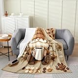 Erosebridal Gnome フリーススローブランケット ツイン 60x80インチ コーヒードワーフ フランネル ブランケット 男の子 女の子 漫画 カップ フローラルビーンズ ブラウン グレー 軽量 マイクロファイバー 部屋の装飾