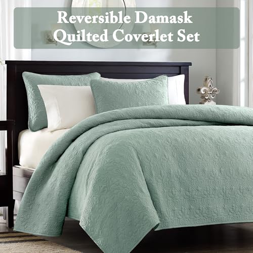 Image of Madison Park Luxurious Cotton Damask Quilt Set, 3PC King /Cal King Bed Set | All Season, Lightweight Stitching Coverlet Bedspread Bedding Stitching with Shams, seafoam
