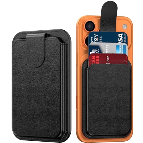 DEENAKIN Carteira MagSafe, 3 porta-cartões com bloqueio RFID, carteira de couro magnética fina para iPhone 17/16/15/14/13/12 Series e Samsung Phone, preta