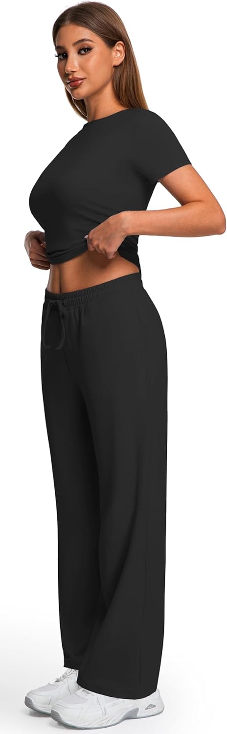 2 Piece Matching Summer Sweatsuit Lounge Set Womens Wide Leg Pants Side Ruching Crop Top Sets - Image 3