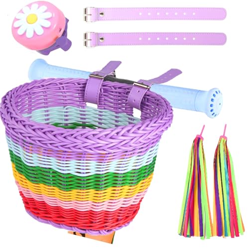 SVNR Kids Bike Basket Girl Bike Basket Cycling Handle Bowknot Streamers and Bell Children Cycling Baskets with Spare Leather Straps Easy Install Detachable (Rainbow)