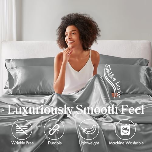 Image of Madison Park Essentials Satin Sheets Split King Size Bed Set, 7 Piece, Grey | Luxury and Smooth Silky Bedding with Natural Sheen, All Around Elastic 14 inch Pocket fits up to 16 inch Mattress, Year-Round Cozy