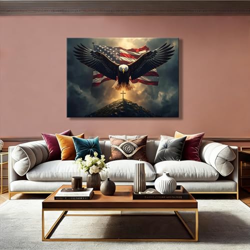 Image of Patriotic Bald Eagle with US Flag & Cross Canvas Wall Art, Christian 4th of July Patriotic Wall Decor, Framed Inspirational Canvas Prints, Independence Day Pictures for Office, Bedroom