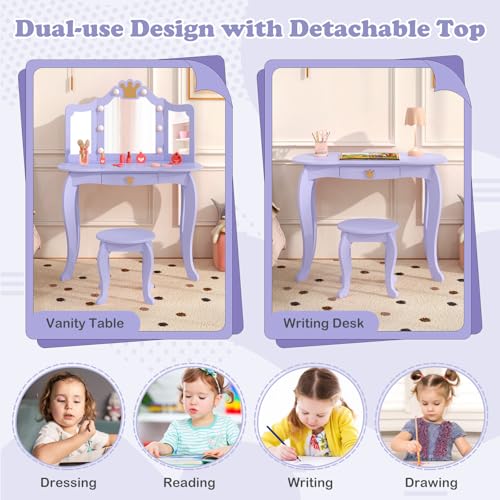 Image of KOTEK Kids Vanity with Lights, Crown Girls Vanity Set w /Tri-Folding Mirror, Detachable Top, Stool & Drawer, Wooden Toddler Makeup Dressing Table, Kids Vanity Table and Chair Set (Violet)