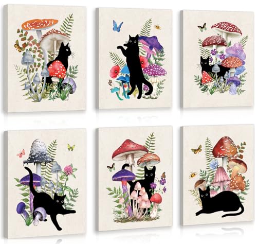 Image of CHDITB Black Cat Canvas Wall Art, Vintage mushroom and cat Wall Decor, Nature Artwork Fantasy Fungus Feline Poster Retro Aesthetic Art Prints For Cats Lover Living Room Bedroom Decor (8X10 Inch)