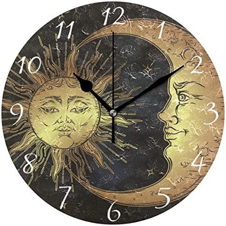 AHOMY Round Wall Clock Boho Sun and Moon Stars Home Art Decor Non-Ticking Numeral Clock for Home Office