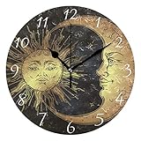 AHOMY Round Wall Clock Boho Sun and Moon Stars Home Art Decor Non-Ticking Numeral Clock for Home Off