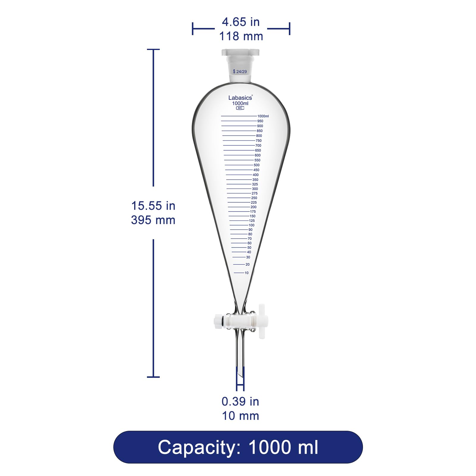 Labasics Graduierte Trenntrichter, 1000 ml Schwerwandiger Borosilikatglas-Trenntrichter mit 24/29 Anschluss und PTFE-Stopfen