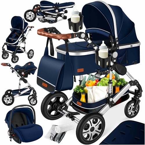 KESSER® Loops 4 in 1 Kinderwagen Kombikinderwagen Komplett-Set inkl. Babywanne & Buggy Sportsitz & Auto-Babyschale Voll-Gummireifen Wickeltasche Regenschutz Kindertisch ECE R129, Blau/Silber
