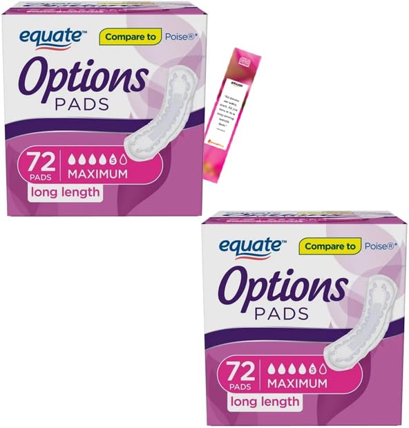 Equate Options Women's Incontinence Pads, Maximum Absorbency, Long Length (144 Count) with IncrediShop Bookmark (2 Packs of 72)