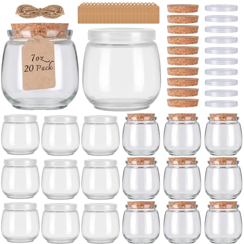 NEWMIAO 20 Pack 7 oz Glass Yogurt Jars with Cork Lids and PE Lids, Small Glass Pudding Jars Candles Jars, Glass Containers for Wedding Favors, Milk, Jam, Honey, Cake, Spices and DIY Gift