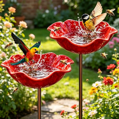 Vogeltränke Stehend 2 Stück Wassertränke für Vögel Vogeltränke Blume Insektentränke Garten Blumen Gartenstecker Blumenform Fütterungsschale Bienentränke Metall für Wildvögel Frostfest Garten Hinterhof