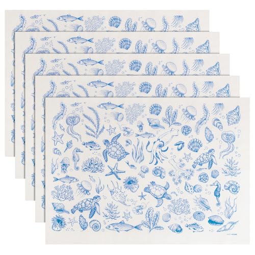 BENECREAT 5 feuille de Papier Transfert pour Sous Glaçure Décalcomanies en Céramique Sur le Thème de L'Océan 520x370mm Papier Engobe pour Décalcomanies Émaillées Fournitures de Loisirs Créatifs