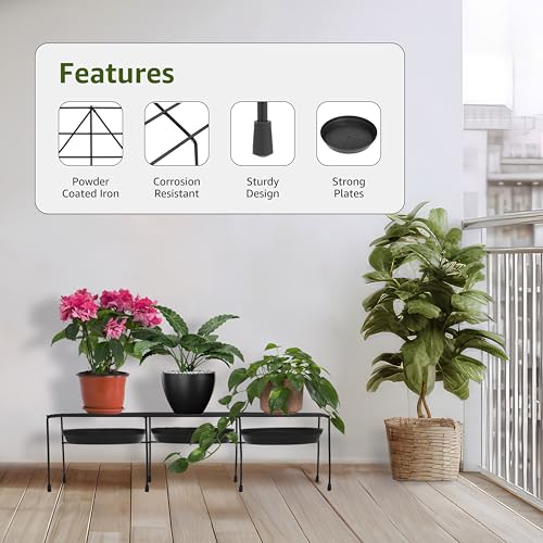 Image of Amazon Brand - Solimo Metal Plant Stand (Set of 4, Black) - Heavy-Duty, Rust-Resistant Iron Rack, Indoor & Outdoor Use, 22 x 58 x 16 cm, Supports 32.5 kg per Shelf