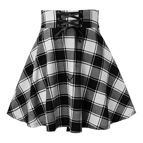 Sanahy Women's Vintage Plaid Short Skirt Drawstring High Waisted A-line Flare Gothic Mini Pleated Skirts(White,M) Cover