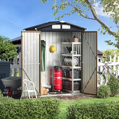 MistMo 3X5FT Outdoor Steel Storage Shed with Lockable Doors, One Window,Ideal for Garden, Backyard, Patio Storage,Brown