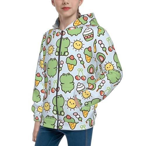 Cute Frog and Dessert Kids Pullover Hoodies Boys Zip Up Sweatshirts Girls Athletic Clothes with Pocket