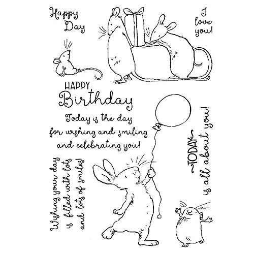 Kaninchen spielen Ballon Happy Day Geschenkbox Mäuse sterben&Stempelsets für Kartenherstellung Weihnachten Neue Metallstempel Stempel Klarer Stempel Alles Gute zum Geburtstag Ich liebe dich Wörter Cover