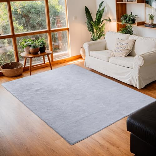 OKYUK Alfombra Salón de imitación de Piel de Conejo,120 x 160 cm,Alfombra Salon Supersuave y Antideslizante,alfombras mullidas，Lavable a máquina, para Sala de Estar y Dormitorio (Gris Claro)