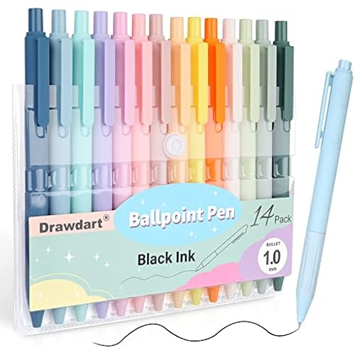 Drawdart 14-Pack Ballpoint Pens, Medium 1.0mm Black Ink Cute Pen with Super Soft Grip, Retractable - For Smooth Writing, Note Taking and Journaling, Office & School Supplies