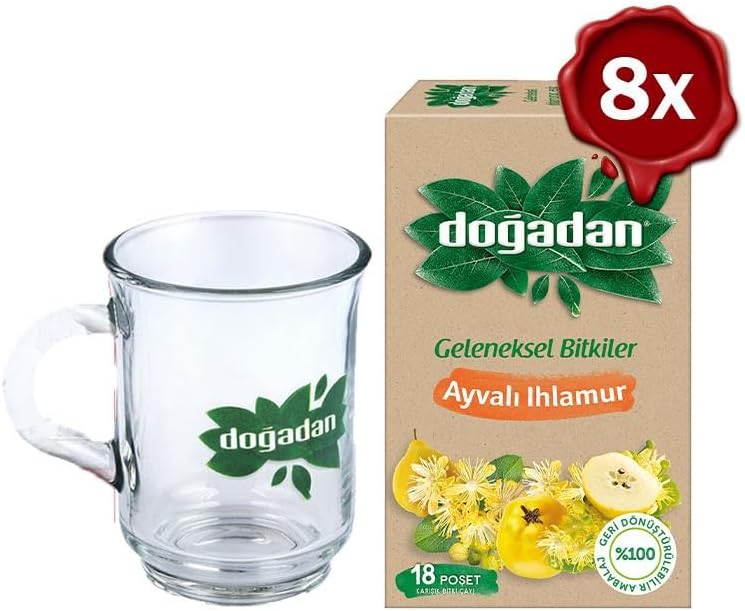 Doğadan Ayvalı Ihlamur Çay 18'li x 8 ve Doğadan Cam Bardak Hediyeli