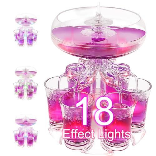 Party Drinker Dispenser with 6 Shot Glasses Set 18 Effect Lights Shot Glass Dispenser Acrylic Touchless Shots Pourer for Filling Liquid Cocktails Whisky Fun Bar Accessories Home Gifts