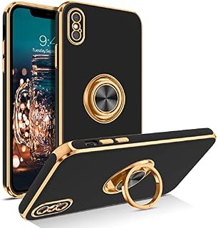 BENTOBEN iPhone X Case with Ring, iPhone XS Phone Cases, Holder Edge Plating Rotation Kickstand Soft Silicone TPU Bumper Slim Flexible Shockproof Protective Cover for iPhone X/XS 5.8 Black