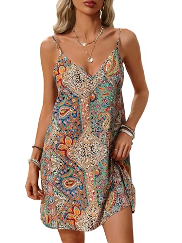 SweatyRocks Damen Sommerkleid A-Linien Kurze Trägerkleid Paisleymuster Urlaubkleid Casual Boho-Kleid Strandkleid Minikleid Khaki XL